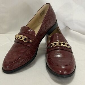 Charter Club Kattelle Burgundy Croc Embossed Chain Loafers 7M Preppy Classic
